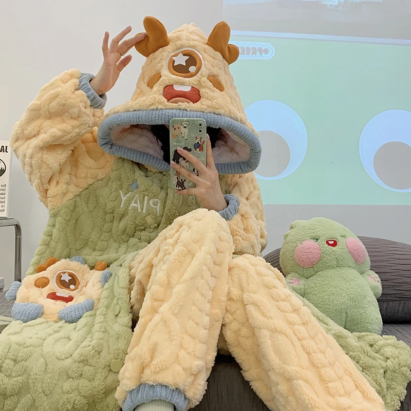 运补『麋鹿大眼怪』睡袍秋冬加绒女冬天保暖搭子甜美少女睡衣家居服