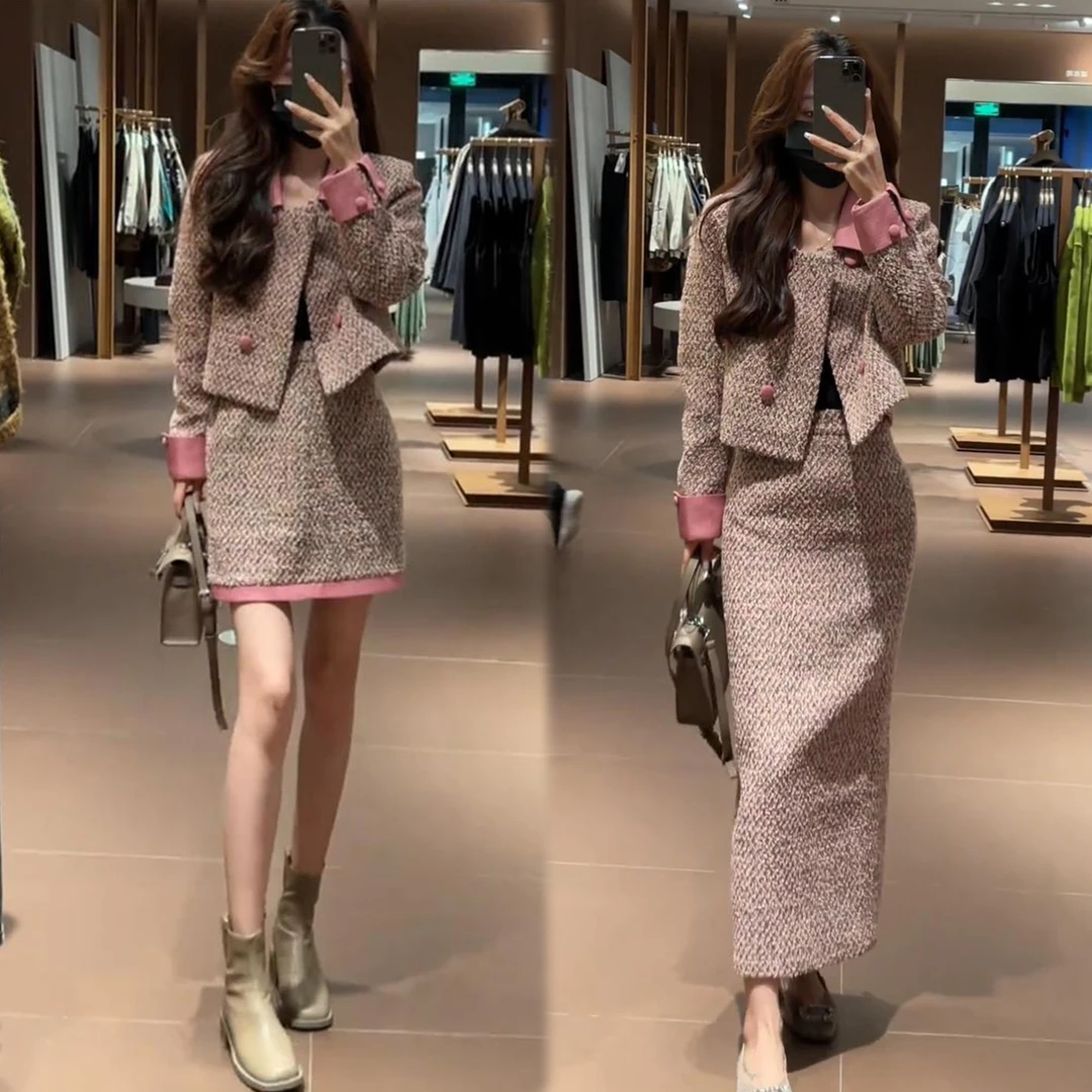 法式时尚小香风套装韩剧女主拼接外套开叉半身裙粉色两件套女秋冬