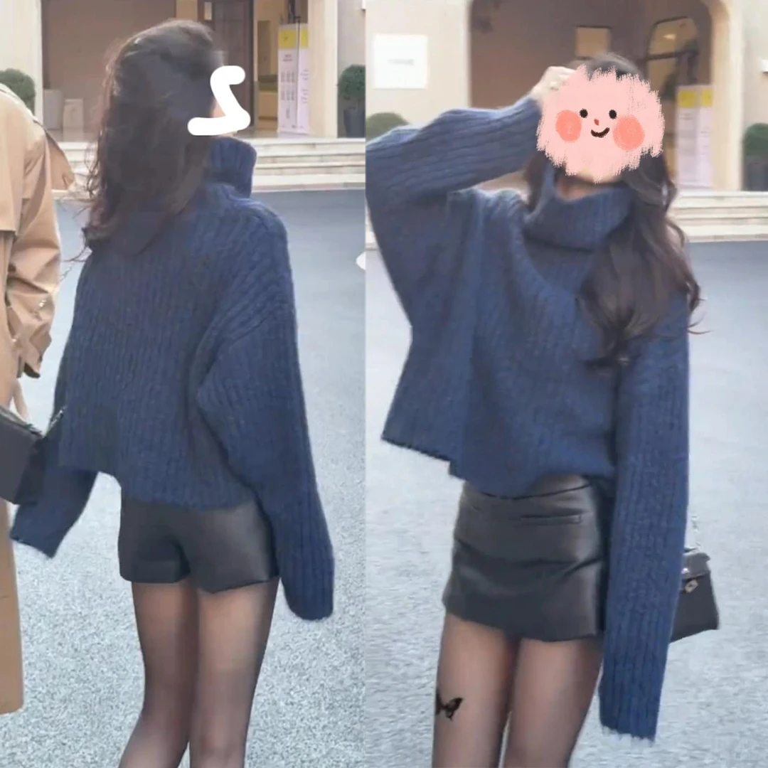 秋季纯色复古简约高领慵懒风针织衫女新款宽松长袖套头毛衣皮裙裤