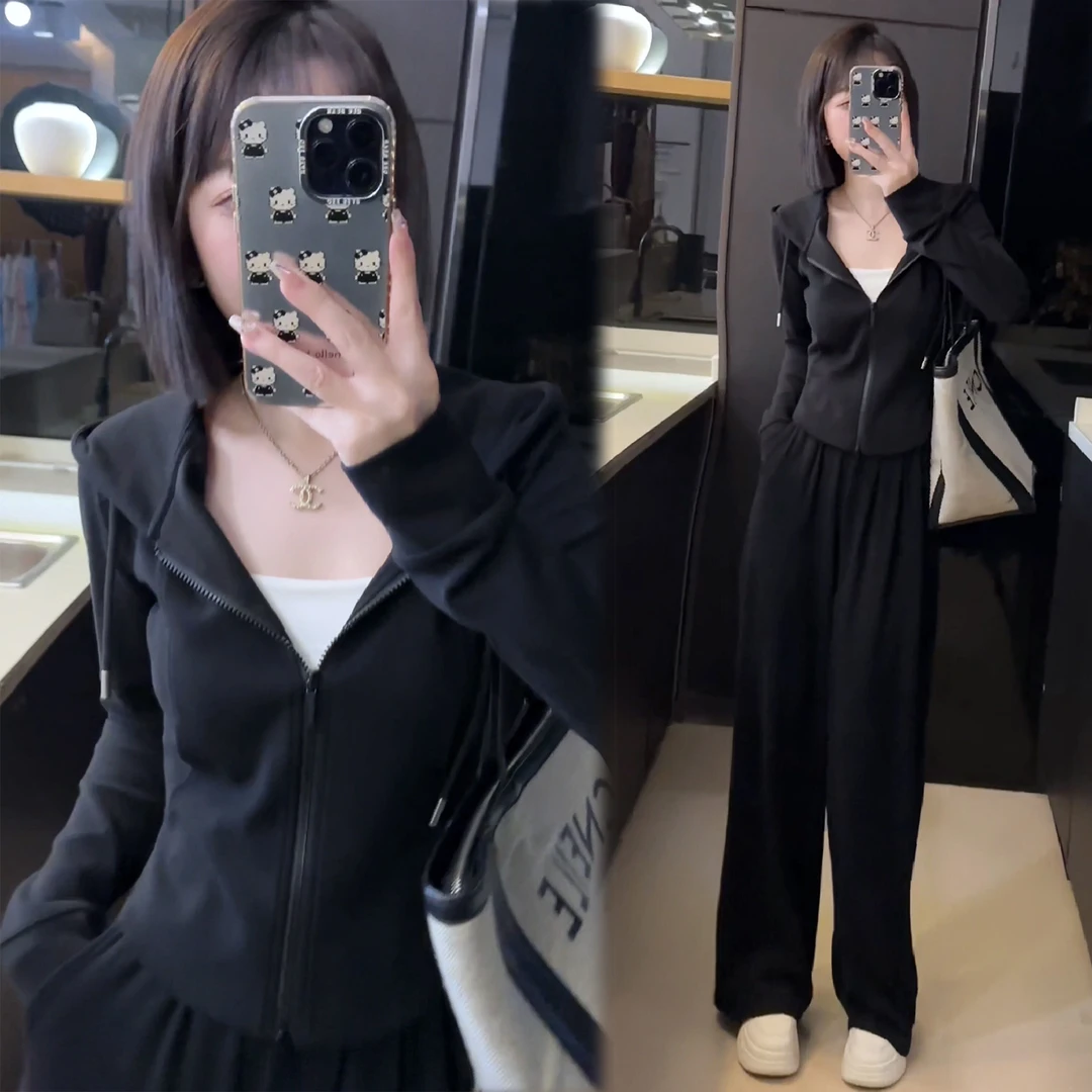 早春季新款气质连帽穿搭上衣显瘦高腰阔腿长裤休闲时尚运动套装女