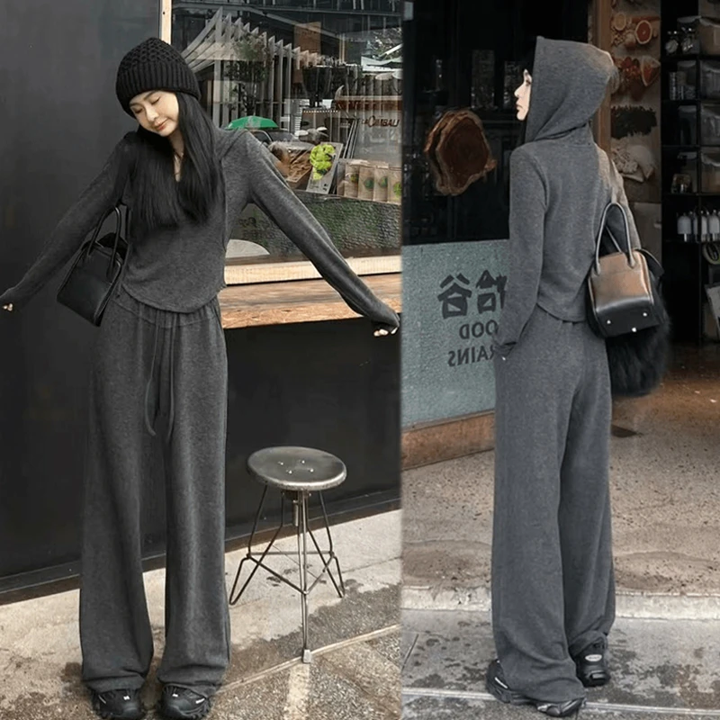 秋季韩版气质连帽长袖上衣减龄显瘦时尚运动套装高腰阔腿裤两件套