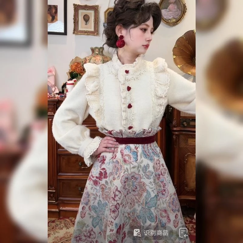 法式复古温柔重工爱心扣荷叶边衬衫提花高腰A字裙中国风两件套女