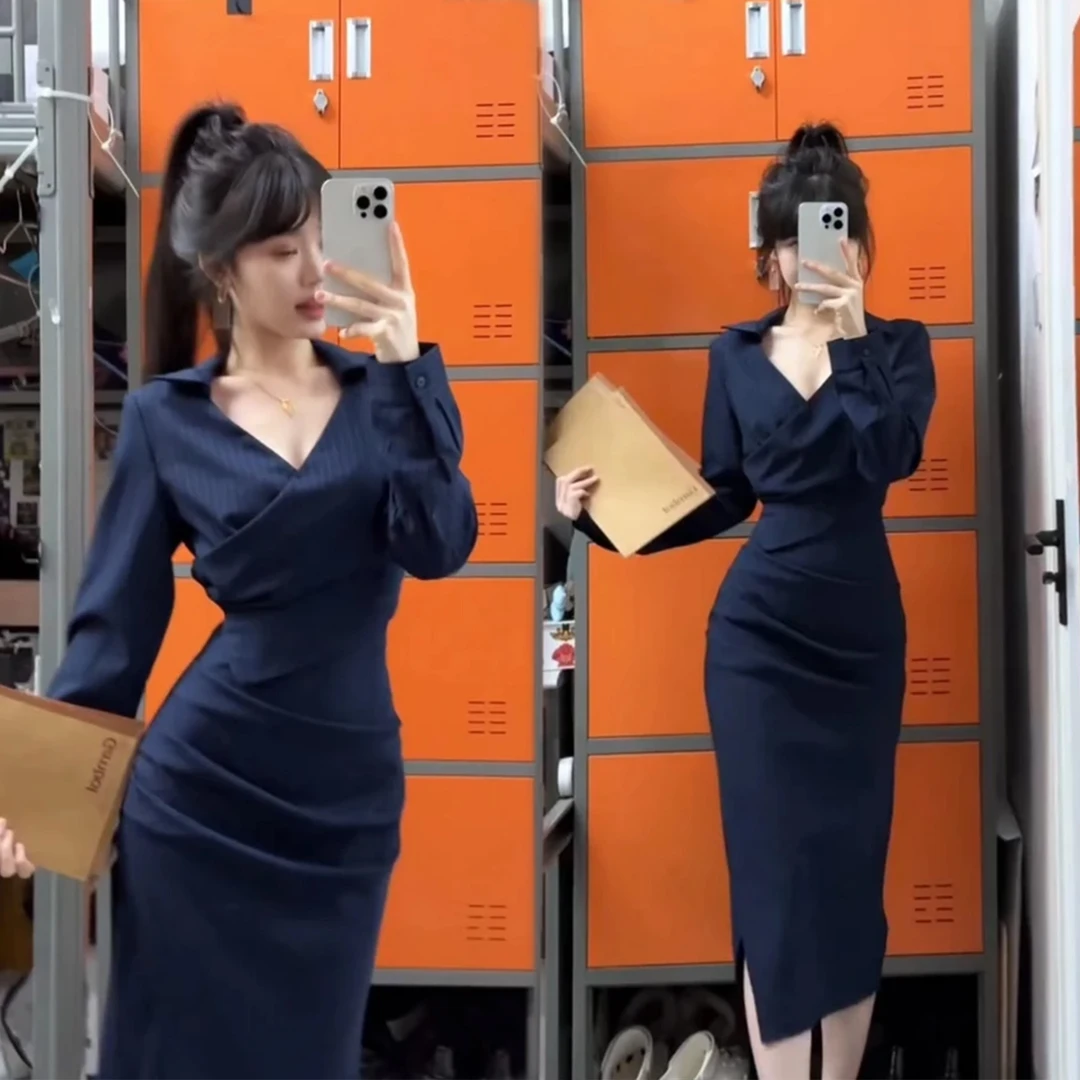 纯欲御姐条纹v领长袖衬衫连衣裙女秋季褶皱收腰气质职场包臀长裙
