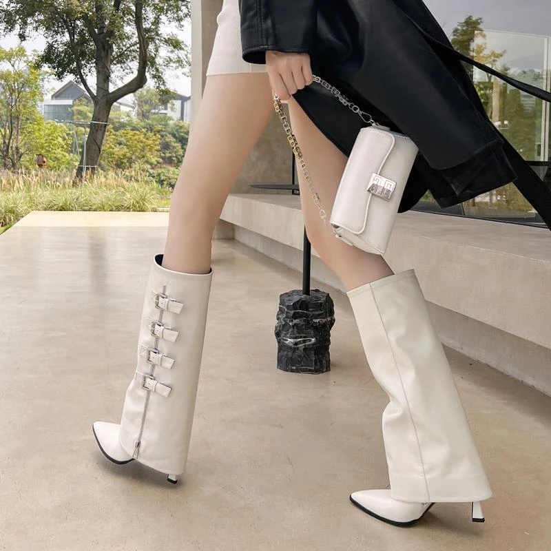 2024新款拉链皮带扣装饰裤管靴烟管靴细跟高跟鞋辣妹长筒靴潮