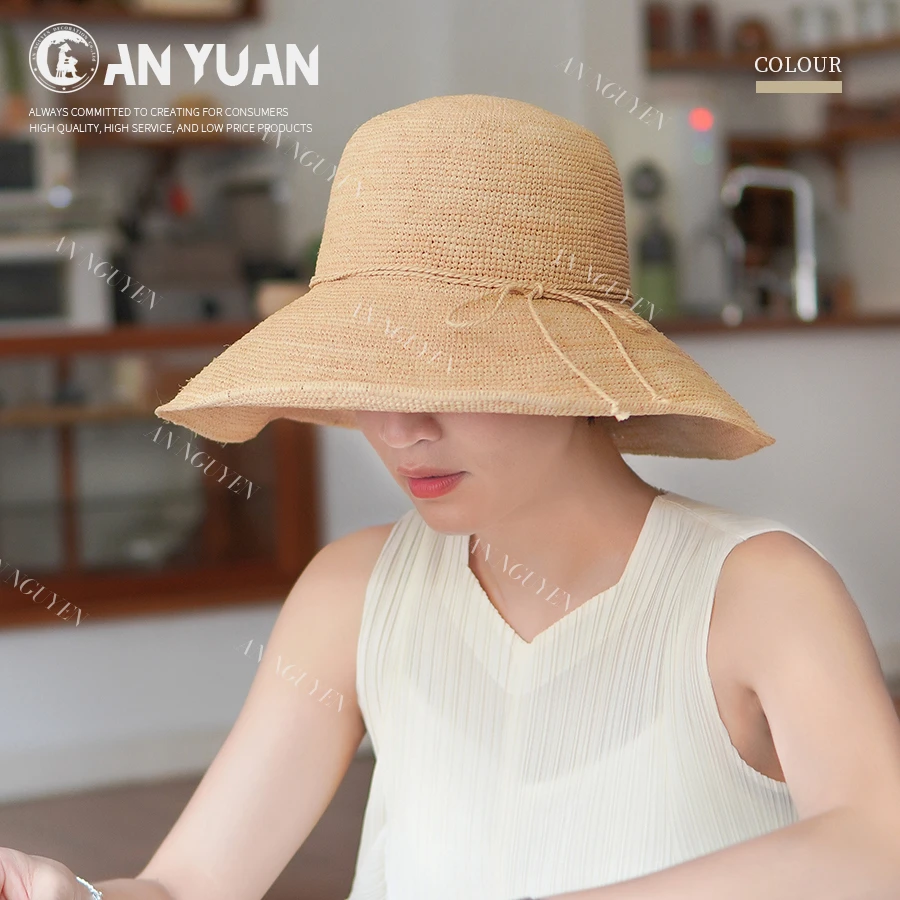 HJ高端黑棕两色特细拉菲草帽女大檐防紫外线遮阳沙滩渔夫帽