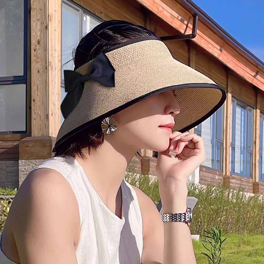 PJ可折叠日本UV防紫外线大檐空顶防晒帽蝴蝶结草帽女夏季太阳帽