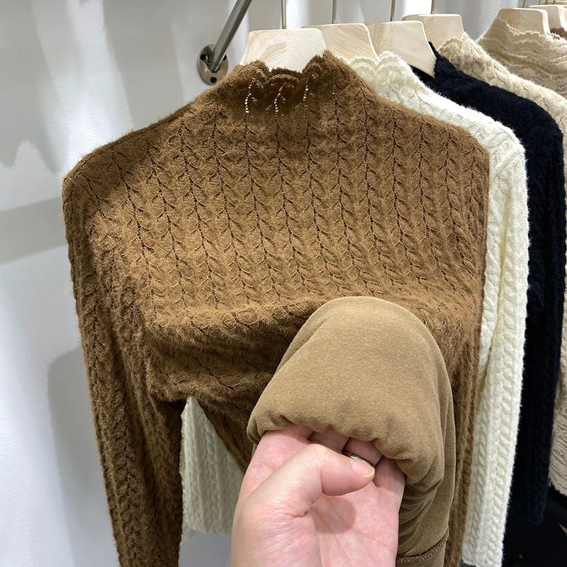 加绒加厚磨毛蕾丝小衫女2023秋冬新款洋气保暖内搭打底衫上衣