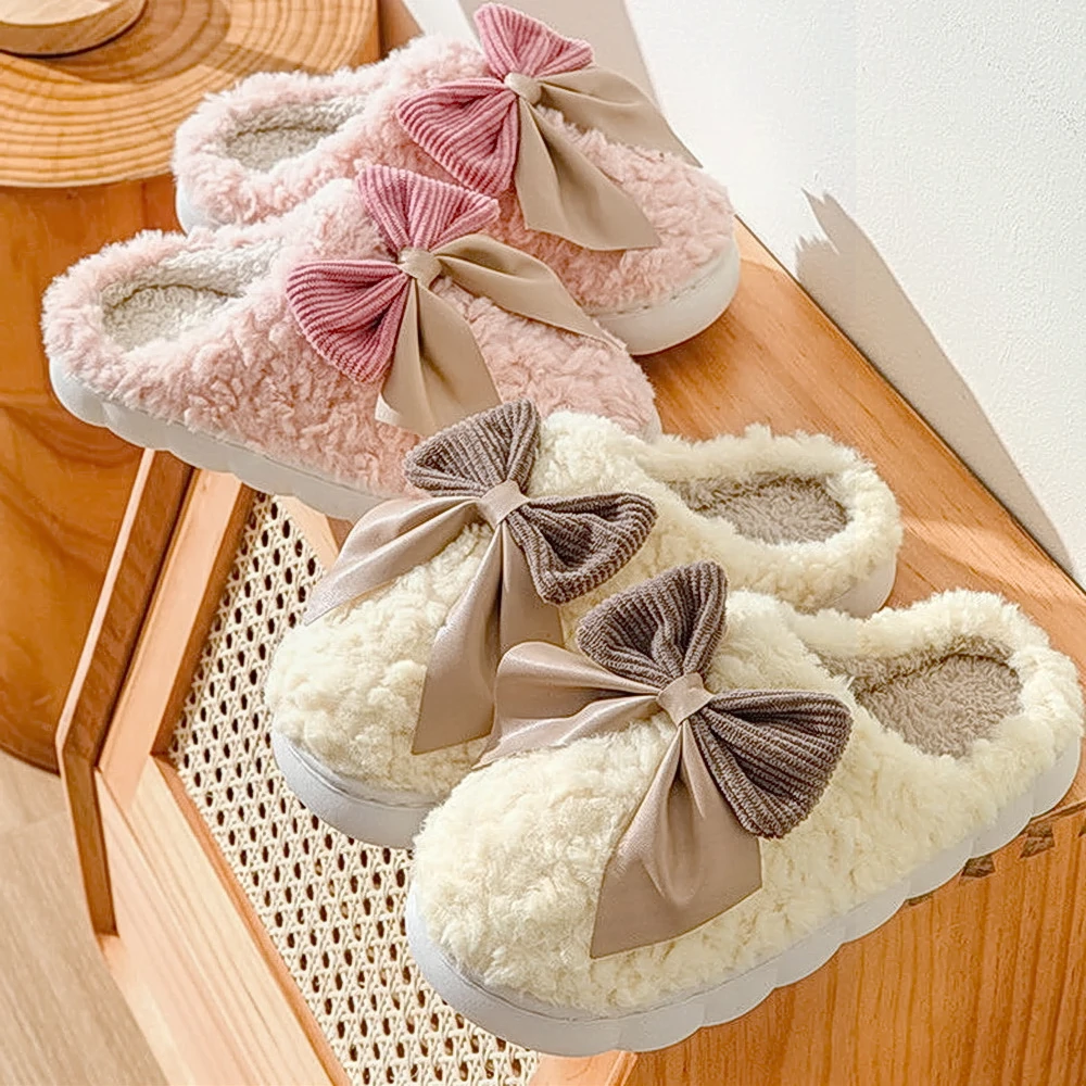 新款网红情侣蝴蝶结室内加绒厚底棉拖鞋秋冬季女士居家保暖棉拖