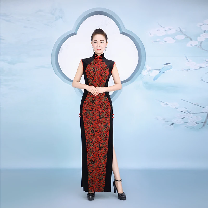 李月英定制红色小貂拼接旗袍收身（定制可修改不退换送69元耳环）