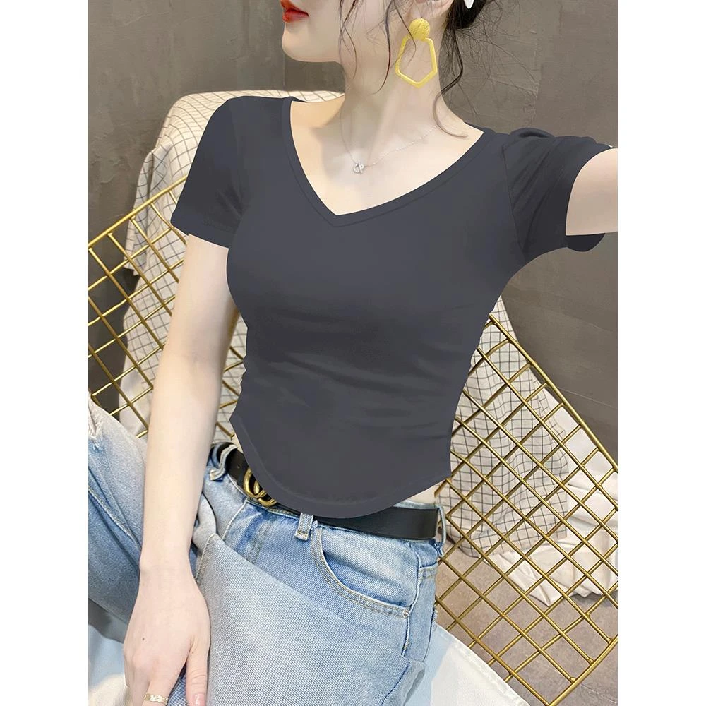 莫代尔V领短袖t恤女2023夏季新款下摆不规则设计感修身黑色上衣潮