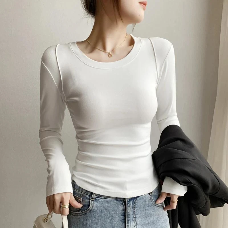 欧货女装时尚小衫白色内搭圆领长袖t恤德绒上衣打底衫女士秋冬季
