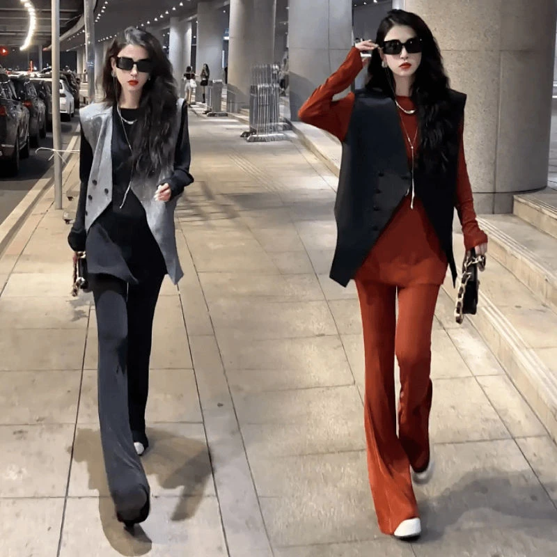 861秋季新款小众设计高级感显瘦气质上衣收腰修身长裤马甲套装女