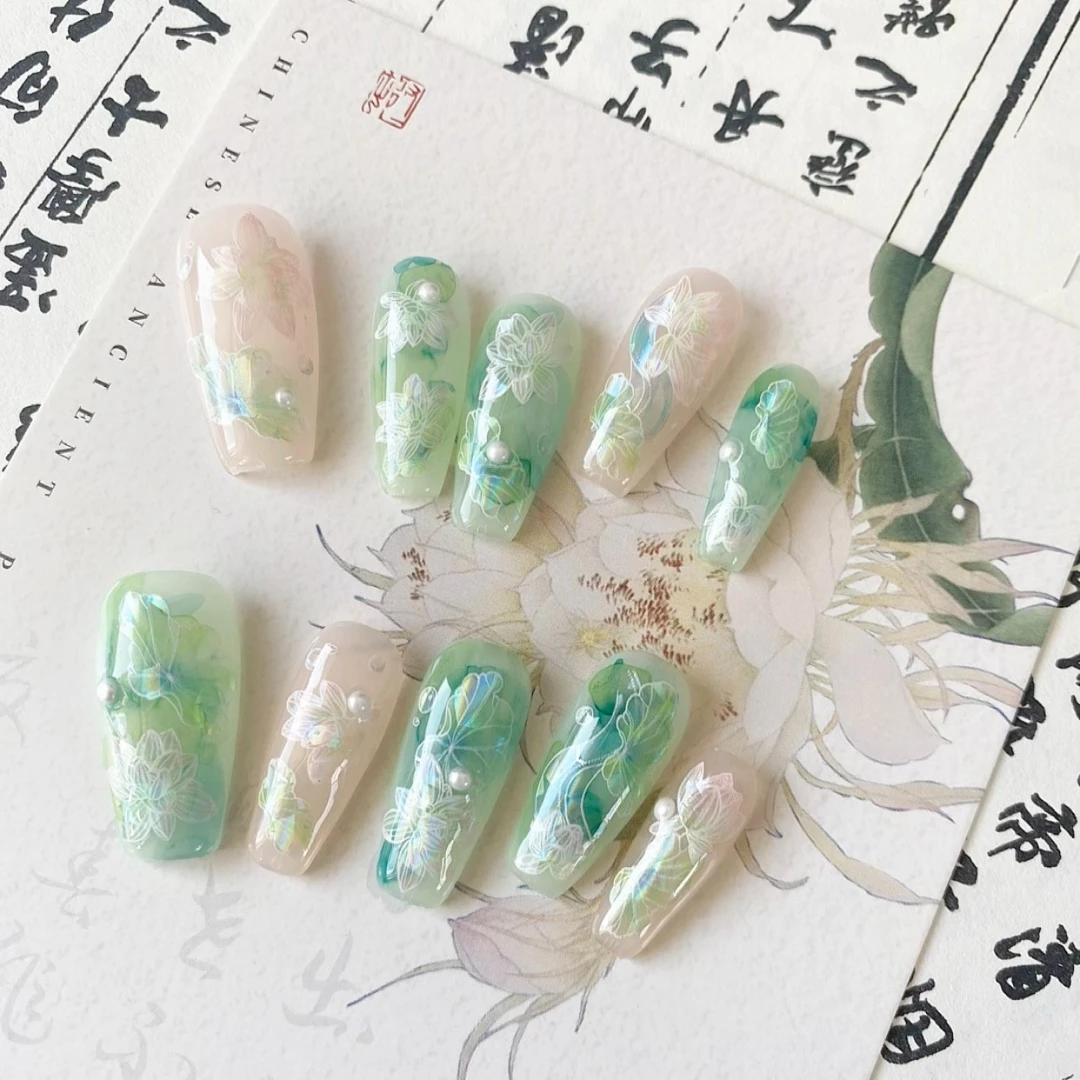 【跳色荷花】纯欲美甲显白新款国风气质长T纯手工穿戴甲