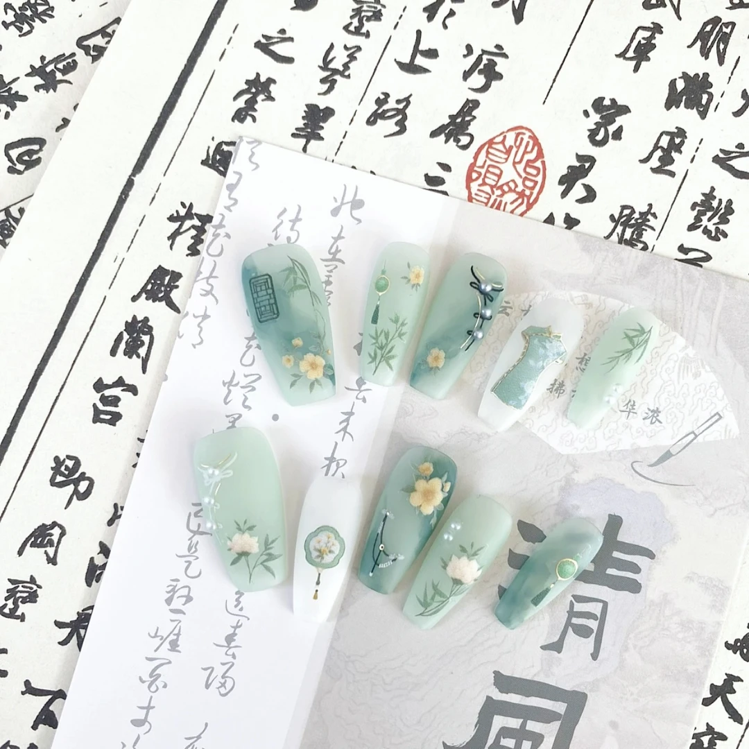 【绿如蓝】旗袍国风绿色气质纯手工穿戴甲夏季纯欲