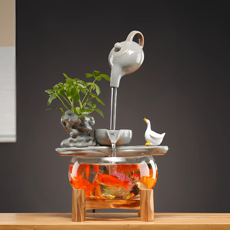 陶瓷创意新摆件悬壶流水摆件循环宿舍鱼缸禅意家用高级办公室水景