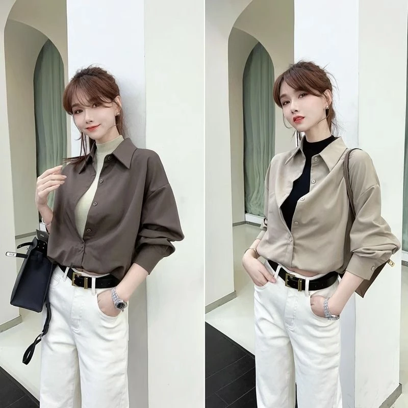 2024年秋季百搭格调美拉德设计感假两件衬衫设计感长袖显瘦衬衣女