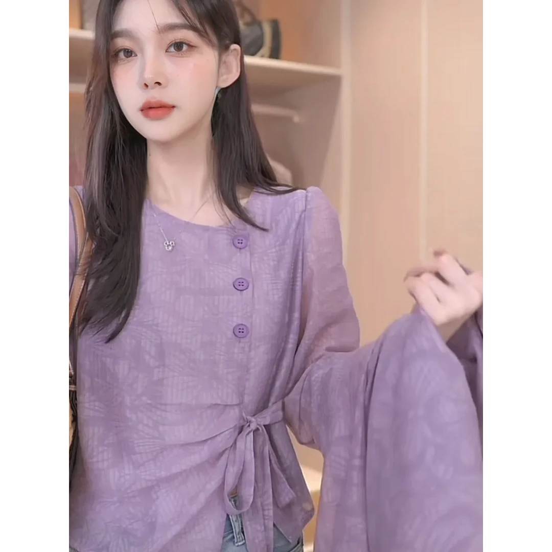 2024秋季时尚百搭不规则系带泡泡袖衬衫女设计感长袖减龄衬衣女