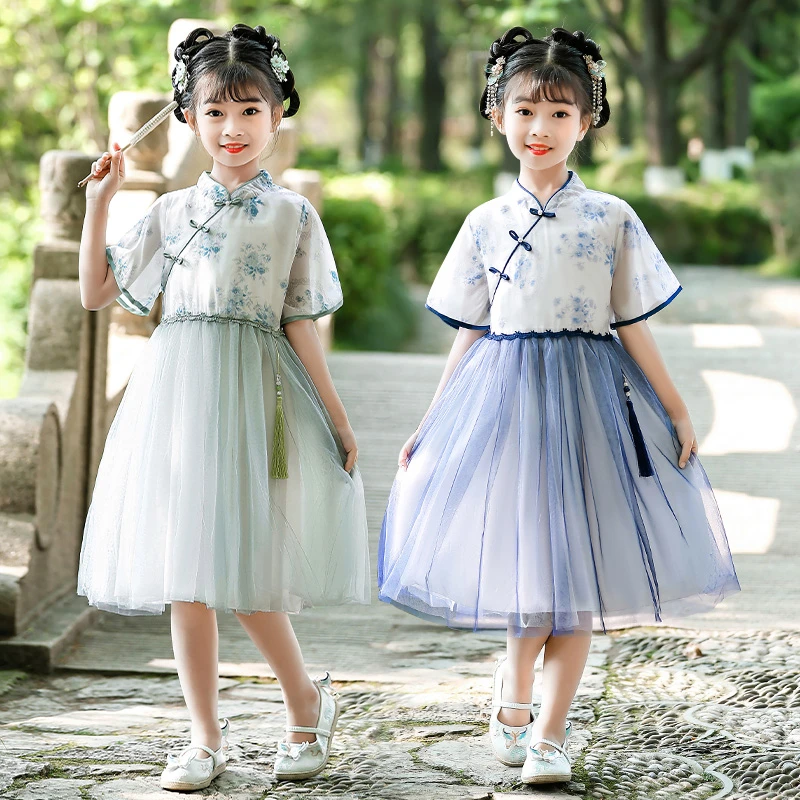 女童连衣裙中大童夏季新款2023汉服旗袍裙子女孩洋气古装风公主裙