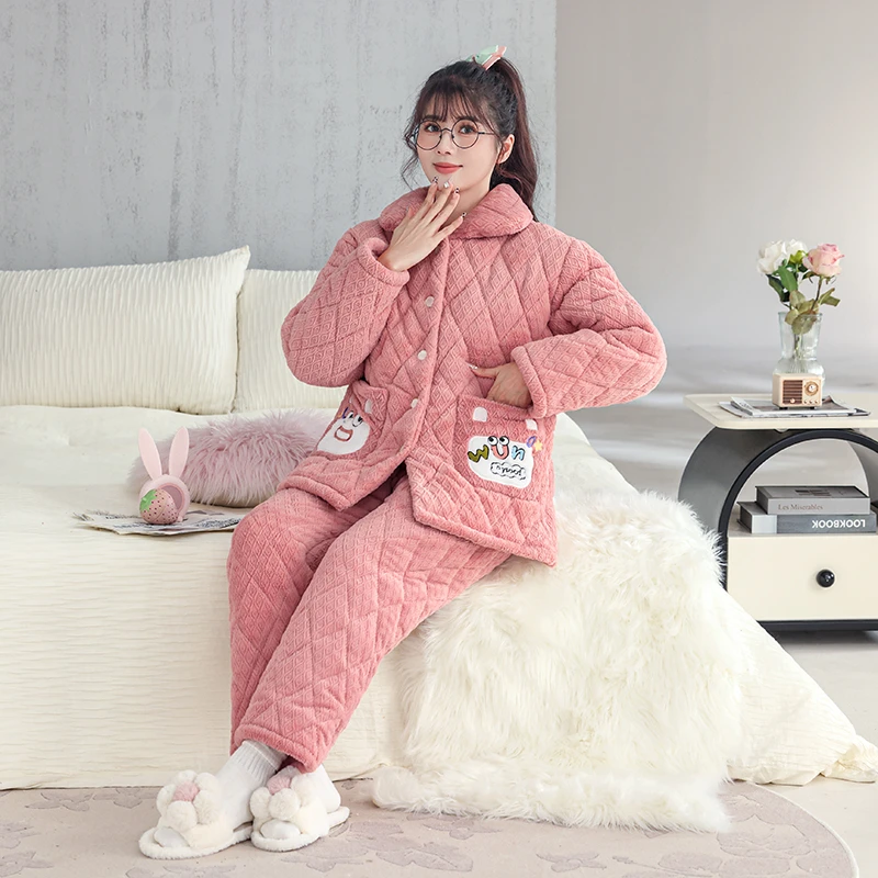 睡衣大码女士长款加绒加厚保暖冬天冬款长袖中老年居家套装