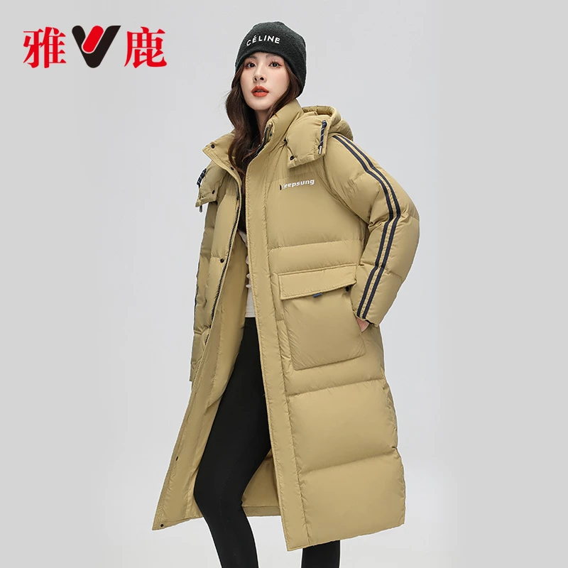 雅鹿2023新款长款羽绒服女冬季拆卸连帽户外运动条纹拼接加厚外套