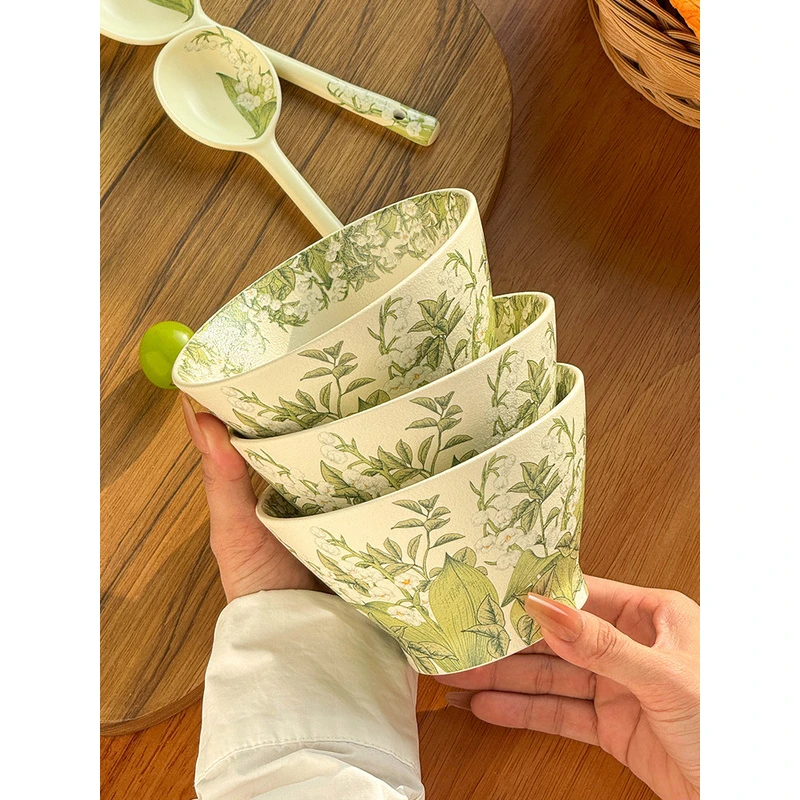 铃兰花家用INS风餐具高脚饭碗面陶瓷米饭碗珍珠纹釉面高质感奶油