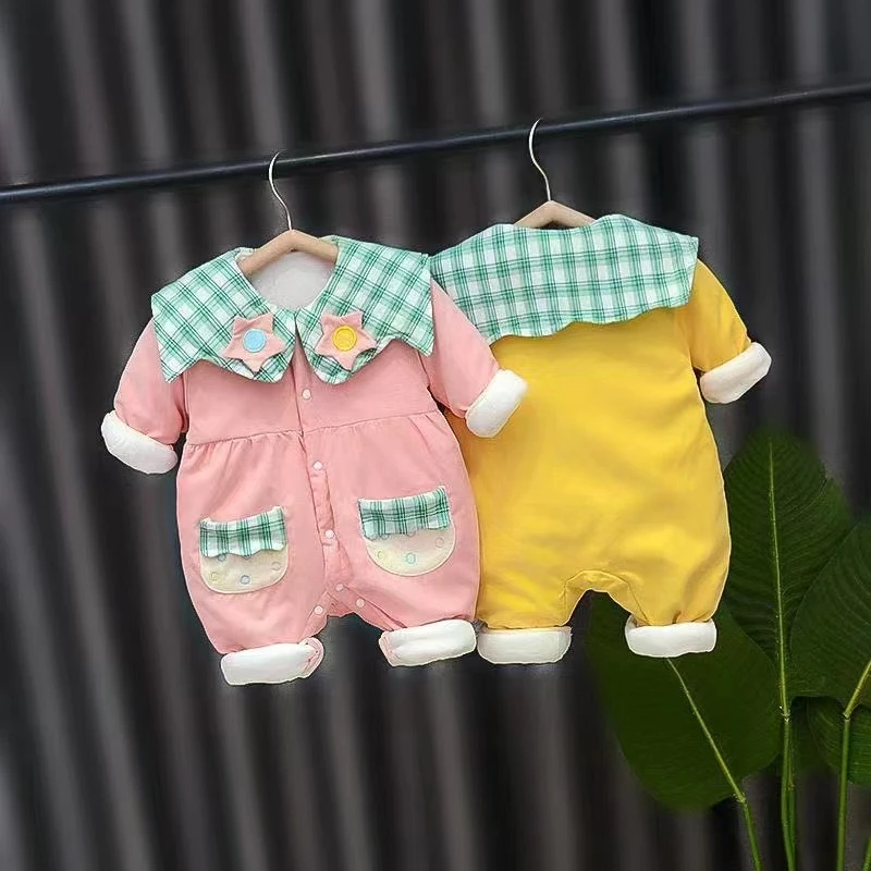 婴儿秋冬薄棉翻领连体哈衣 外出服洋气可爱
