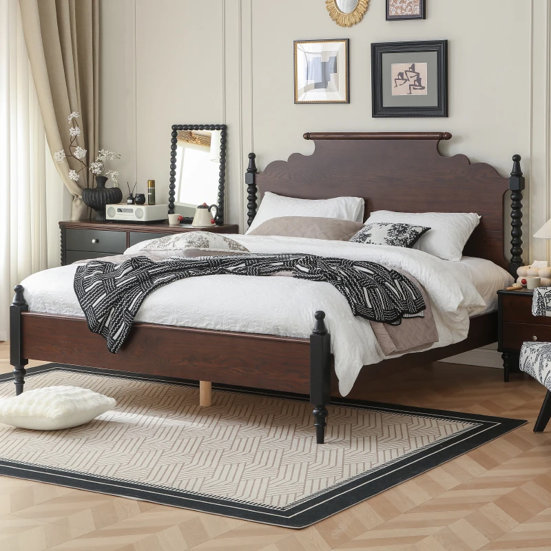 法式复古实木床美式双人床主卧室简约现代中古风软包温莎床