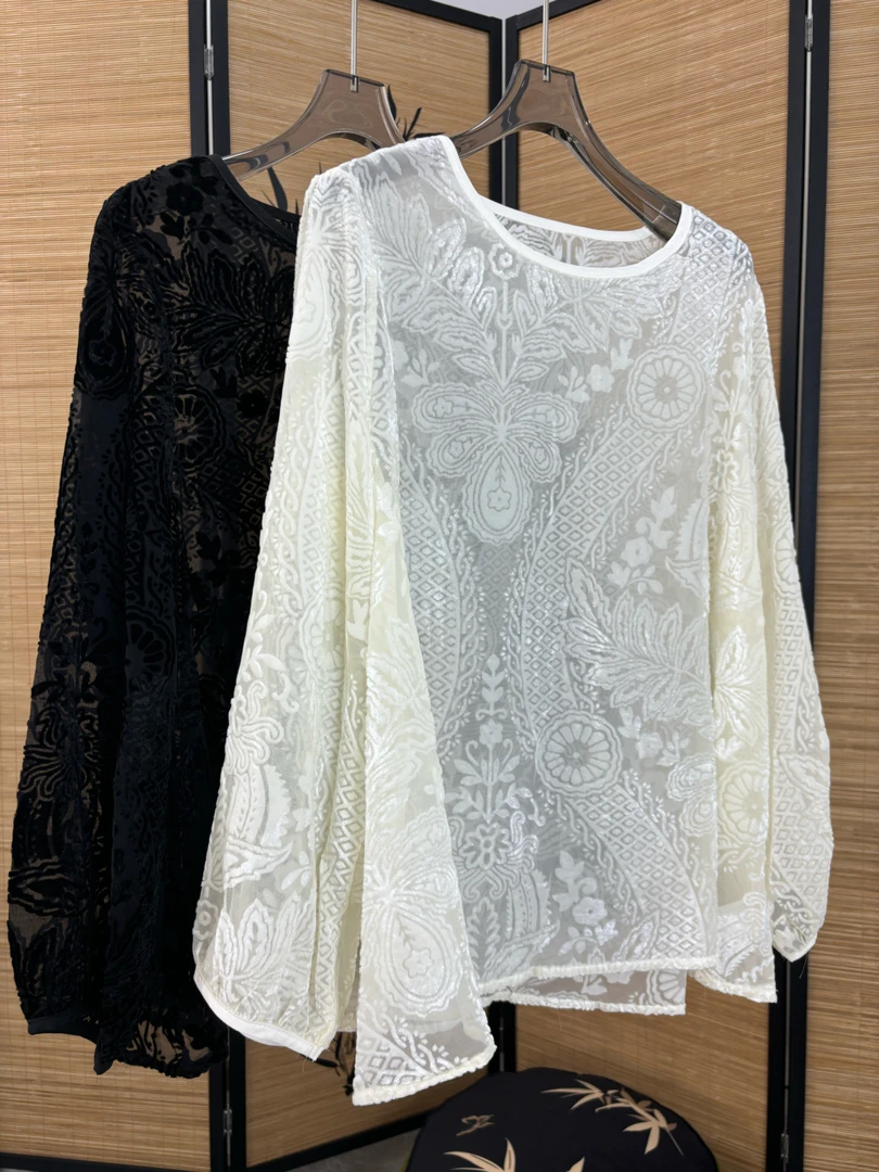 大楠家~国风女装百搭烧花打底新中式打底衫