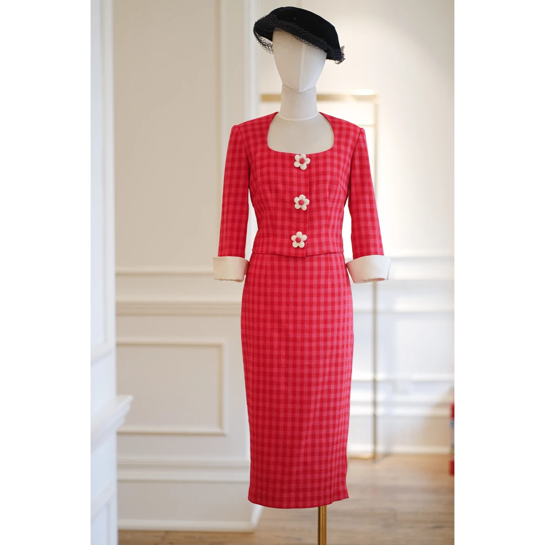 YIWEN CAO设计师原创手工立体花朵短上衣铅笔半裙套装优雅显瘦