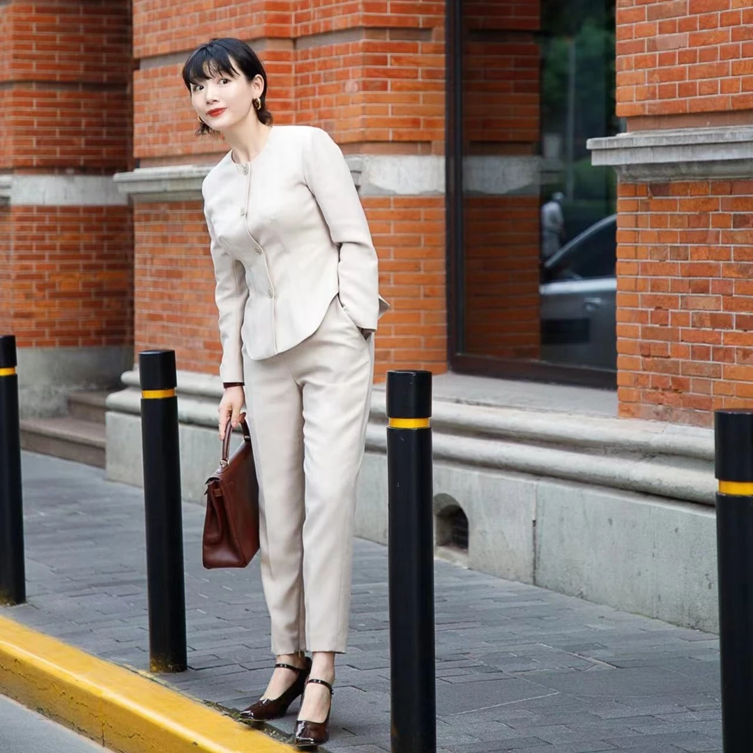 Yiwen Studio设计师原创圆领鱼骨立体腰长袖外套收脚九分裤显瘦