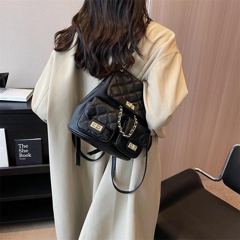 小香风韩版百搭链条双肩包学生大容量书包菱格时尚休闲单肩背包