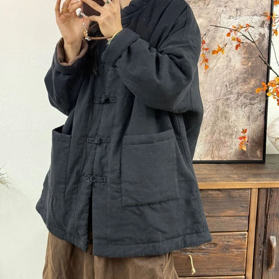 【挽月】亚麻纯色中长款棉外套