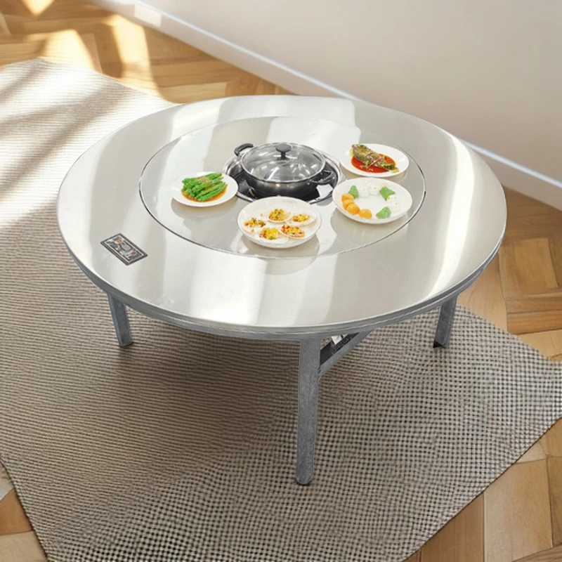 【升级】一体成型可折叠收纳不锈钢内置转盘电磁炉火锅桌