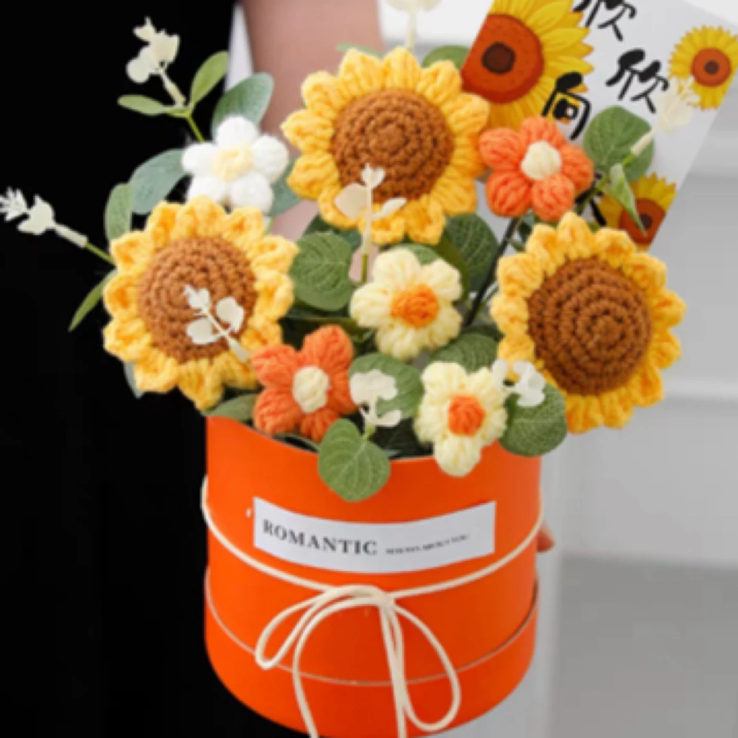 教师节毛线向日葵柿子针织花束手工编织小桶生日礼物桌摆成品