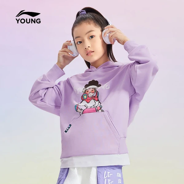 李宁童装6-12岁春秋季女童潮款运动套头连帽宽松印花卫衣YWDS272