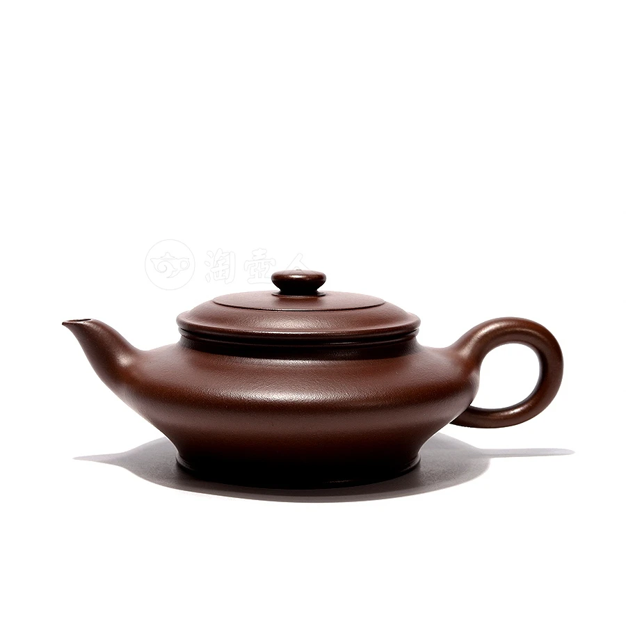 王旭生制 虚扁紫砂壶 原矿老紫泥 300CC纯手工