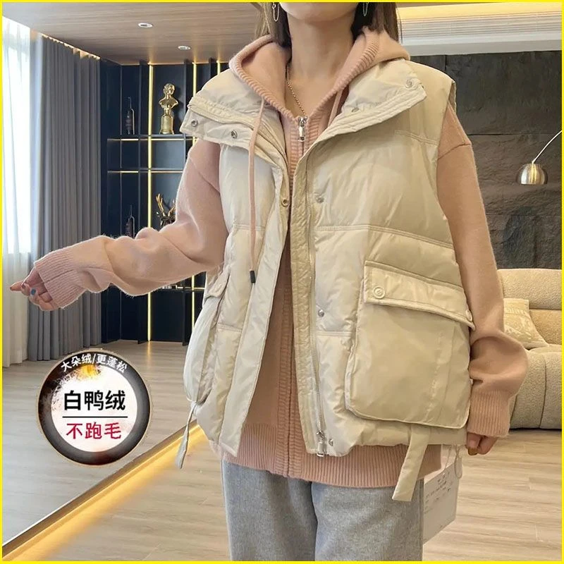 秋冬新款白鸭绒宽松休闲背心马夹女外套上衣韩版大口袋羽绒马甲女