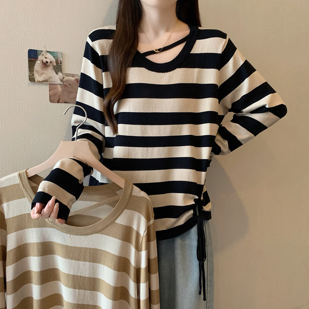 长大码女装2025秋季气质长袖条纹针织衫时尚显瘦百搭上衣女69241