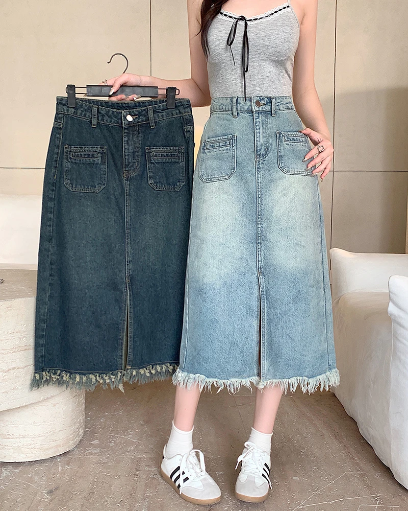 【瑶妮专属】大码女夏季韩版流苏毛边A字裙高腰开叉牛仔半身裙65437