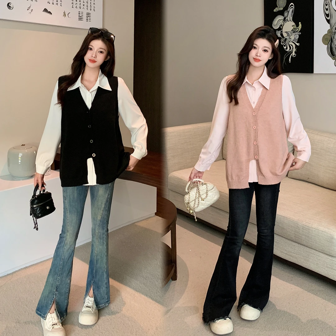 清长大码2025秋季气质不规则背心显瘦时尚衬衫套装69226+62158