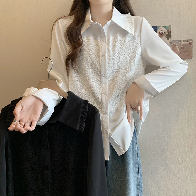 61681清大码女装2024秋季新款蕾丝拼接衬衫胖mm时尚遮肉显瘦衬衣