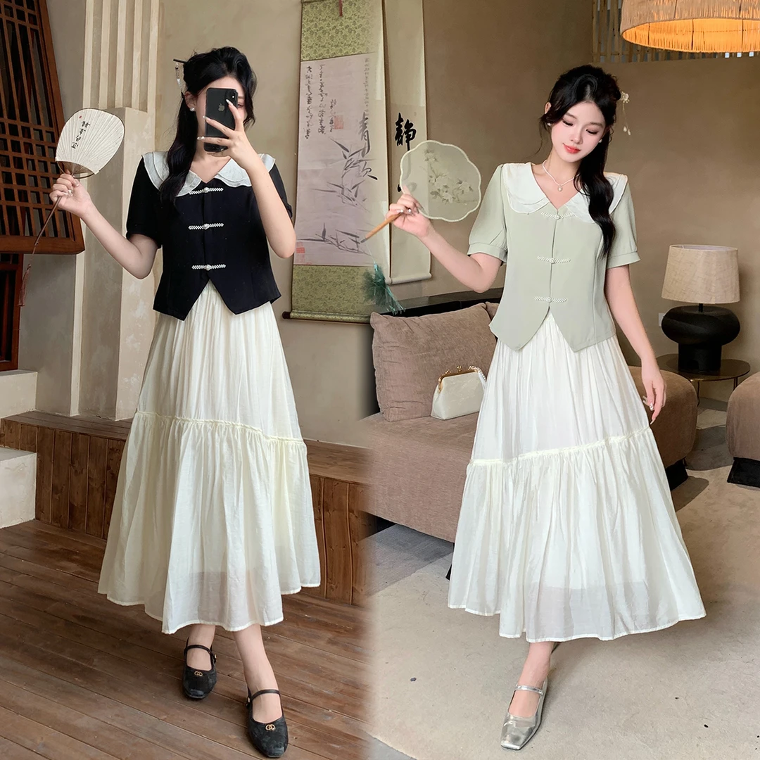 清63083大码女装2025夏装新款胖mm新中式盘扣上衣高腰半身裙套装
