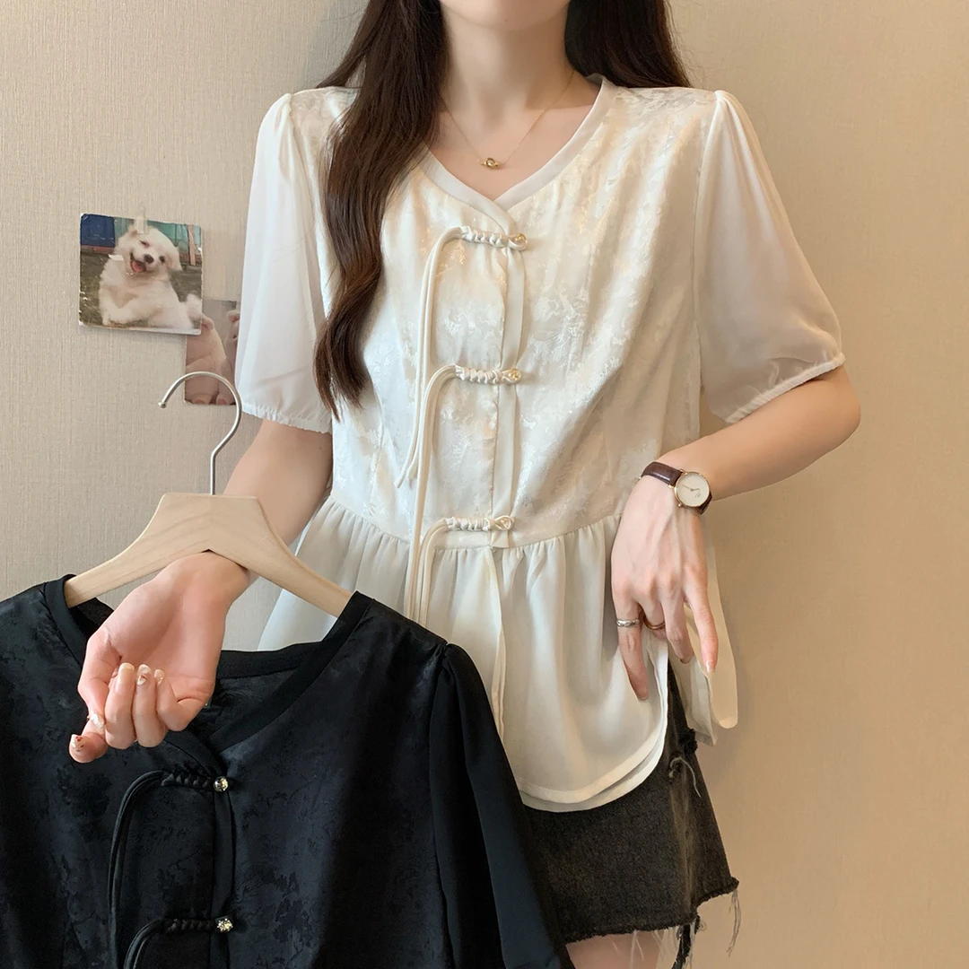 63123大码女装2024夏季新中式盘扣短袖衬衫胖mm国风收腰显瘦上衣