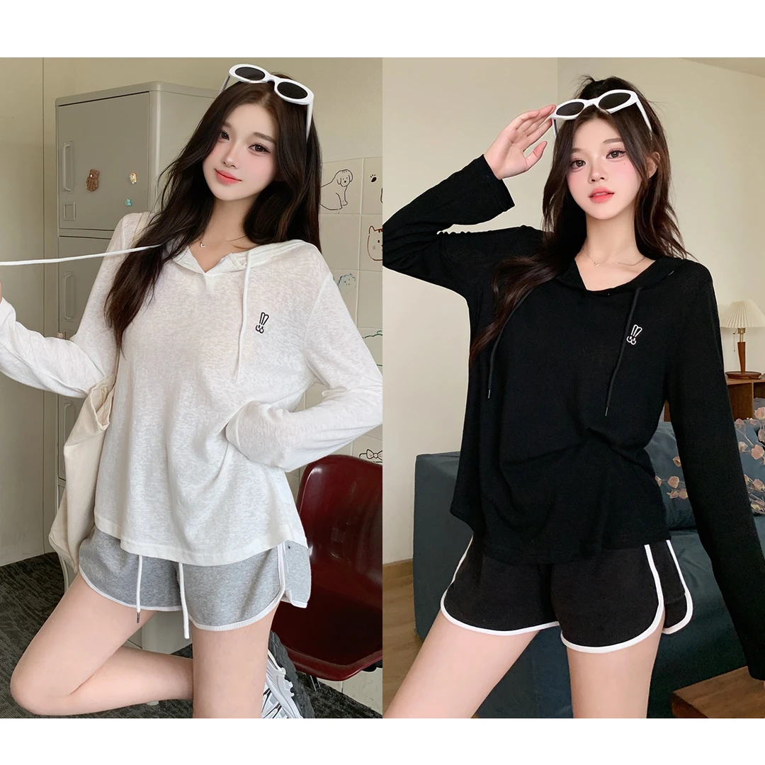 清长63166大码2025夏季设计感宽松长袖T恤胖妹妹薄款百搭连帽上衣