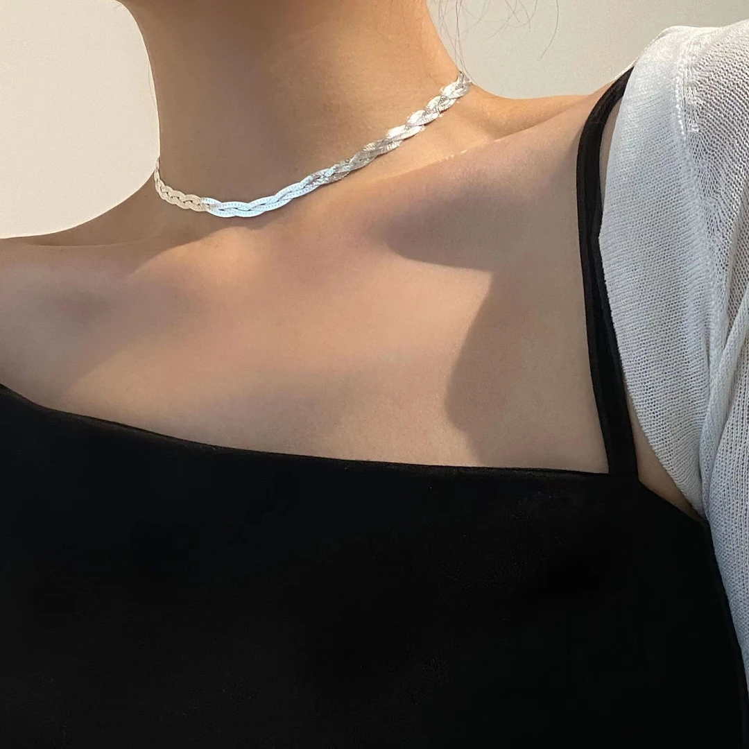 链子925银 轻奢意大利进口缠绕裸链亮银-三层编织链条0358