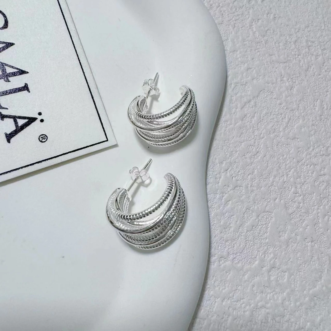 925银耳饰 法式复古冷淡风绕线C形线条雅丹风-多层千丝万缕0647