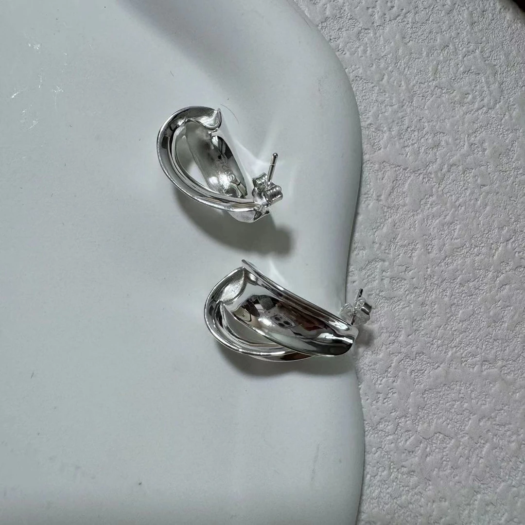 925银耳饰 纯银东大门个性冷淡风银色耳环耳饰-交叉宽版耳钉0744