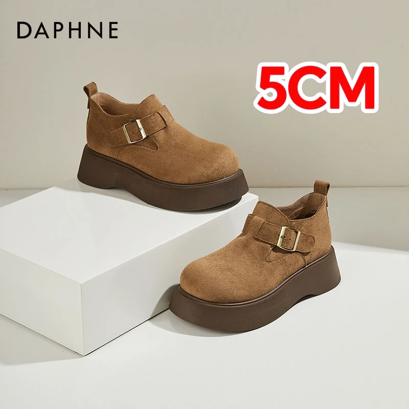 达芙妮超百搭~增高5cm棕色加毛厚底勃肯鞋女2025冬季大头休闲单鞋