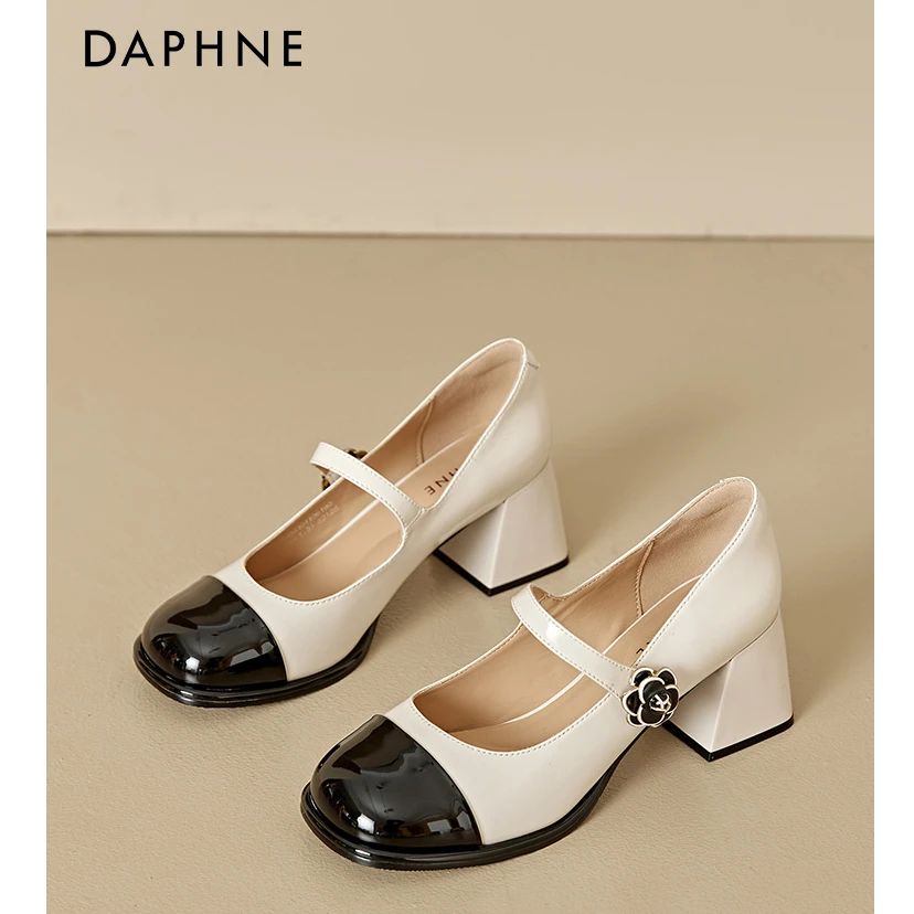 达芙妮黑白拼色玛丽珍女鞋2025年新款高跟鞋复古小皮鞋女夏季单鞋