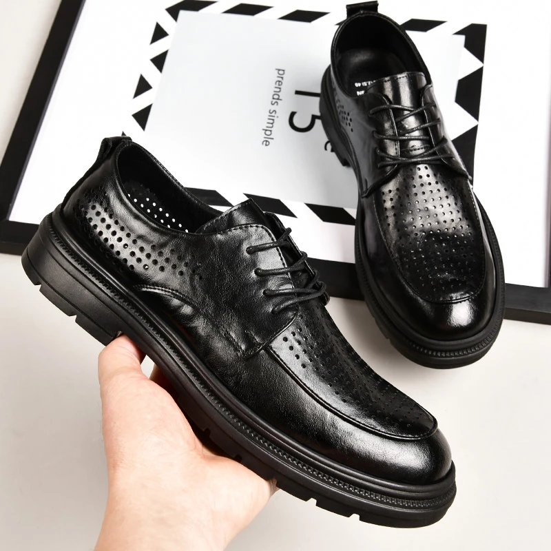 85111休闲男皮鞋男士时尚百搭春季夏季透气黑色软底镂空皮鞋子男